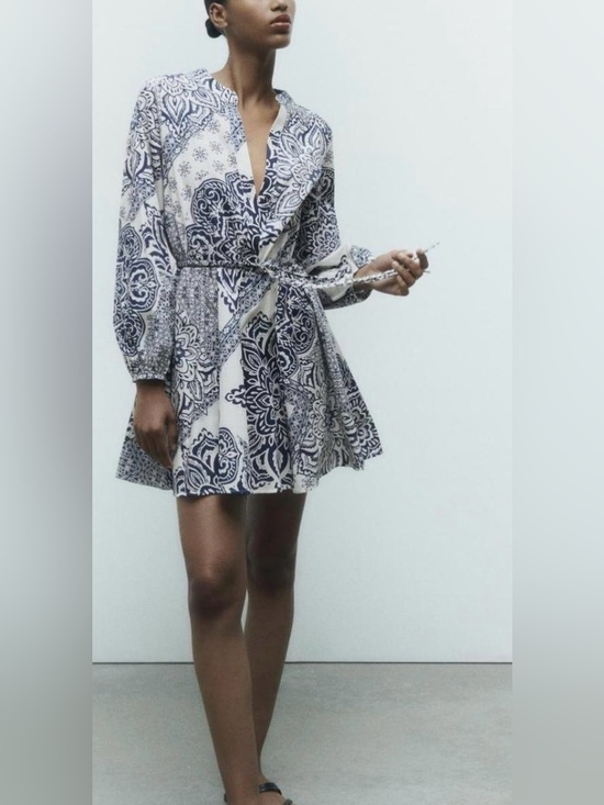 Zara Dresses & Skirts - Zara - Navy White Floral Medallion Print Long Sleeve Belted Mini Dress Size Sm